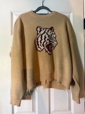PacSun Distressed Beige Sweater with Brown Tiger